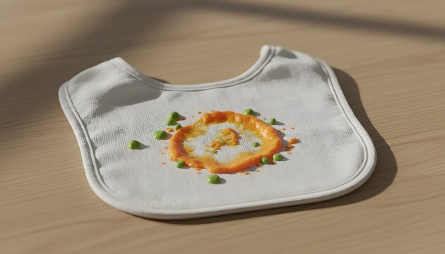 White cloth baby bib with food stains from vegetable puree lying on a wooden table, representing parenting mess and toddler nutrition concept with clean bright lighting
