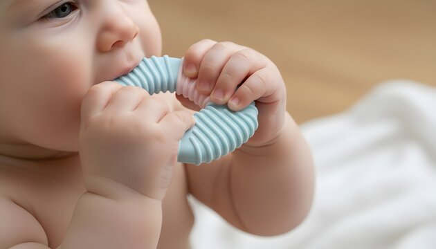 Close-up of adorable newborn baby chewing on silicone teether ring toy for teething pain relief and infant health development concept