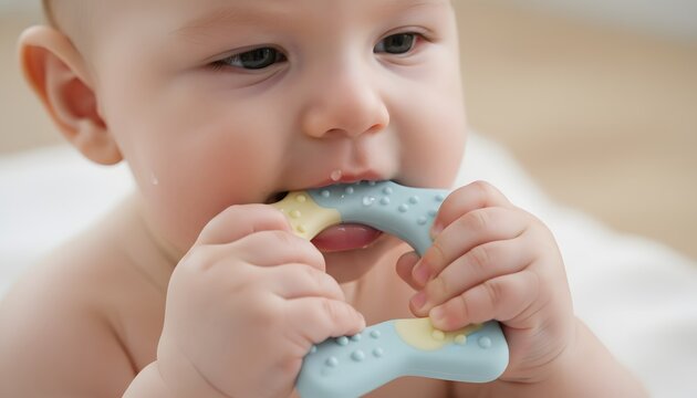 Close up portrait of a cute baby chewing on a soft silicone teether toy ring for natural oral pain relief during early infant development and healthcare concept