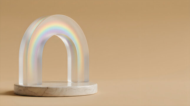 3d render of a translucent rainbow arch on a marble pedestal against a neutral beige background