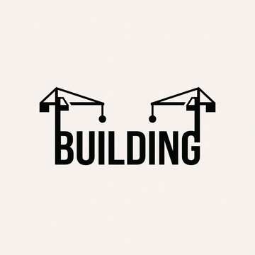 Minimalist typography logo design featuring construction crane silhouettes integrated with industrial building text for urban development branding