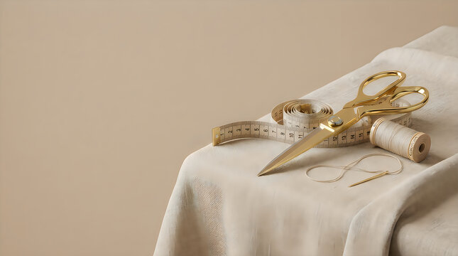 Tailoring tools with gold scissors, measuring tape, and thread on linen fabric