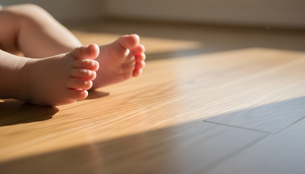 Close up of tiny baby feet on hardwood floor in gentle morning sunlight for newborn innocence and child development concept with natural warm lighting