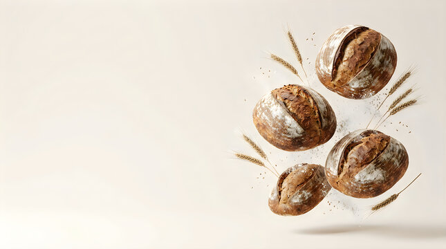 Artistic composition of rustic sourdough bread loaves and wheat stalks
