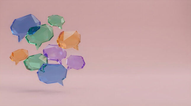 Floating colorful lowpoly glass speech bubbles or chat icons, translucent geometric shapes on a soft pink background