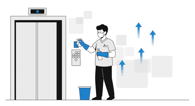 Cleaner sanitizing elevator buttons and control panel with disinfectant spray