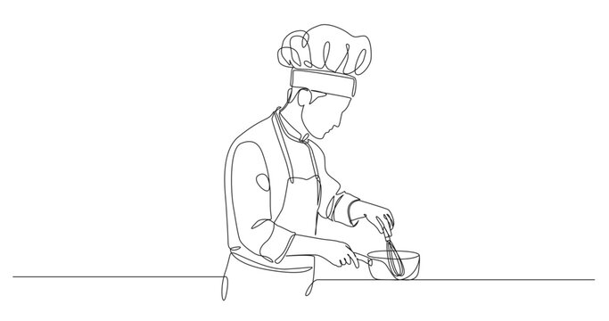 continuous line drawing of a male chef with traditional toque hat and apron whisking ingredients in a pan or bowl