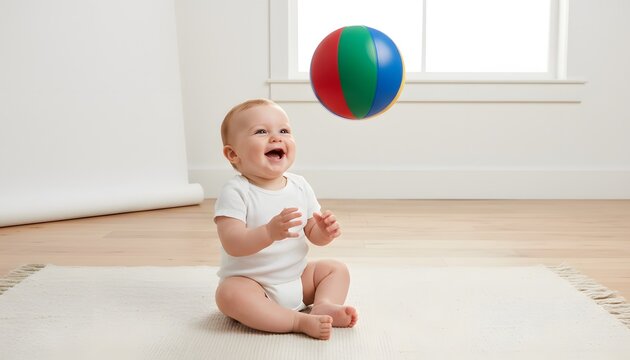 Happy cheerful baby laughing at a colorful bouncing ball while playing on floor in bright modern room for early childhood development, fun and parenting concept
