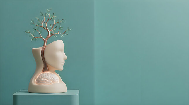 Abstract human head sculpture with a glowing brain and growing tree
