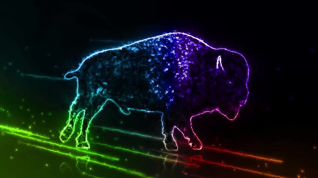 Vibrant rainbow bison animation with colorful spectrum tones and bold wildlife-inspired visuals.