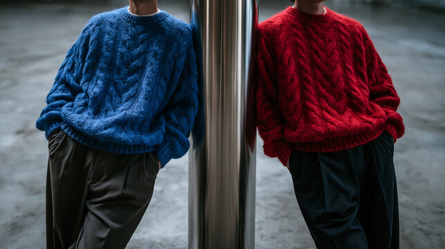 Two Men Wearing Blue and Red Cable Knit Sweaters