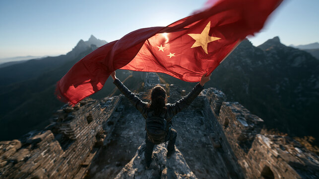 Person Holding Chinese Flag at Great Wall Mountain Peak
