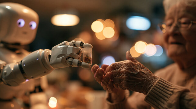 Robot Handing Medicine Bottle to Elderly Woman at Home