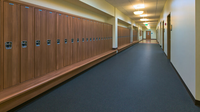 Empty Hallway with Wooden Lockers in Modern School Interior