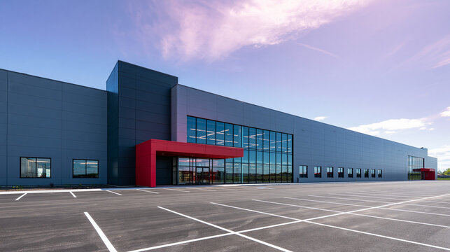 Modern Commercial Warehouse Building Exterior with Empty Parking Lot