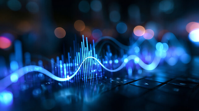 Glowing Blue Data Wave and Financial Graph on Laptop Keyboard