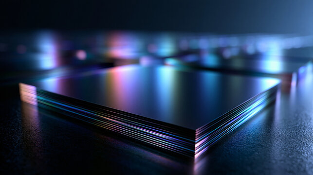Futuristic Microchip with Glowing Neon Light Reflections Close Up