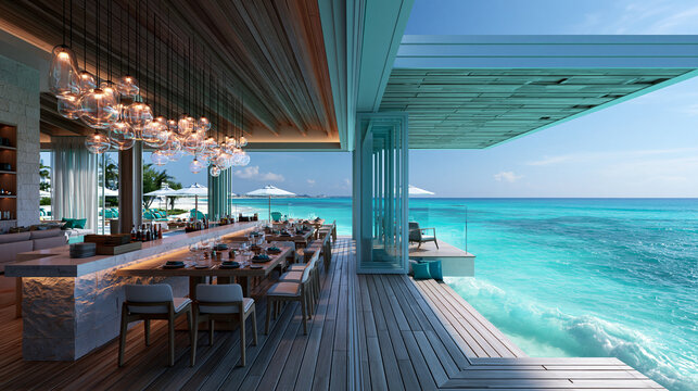 Luxury Resort Restaurant Overlooking Turquoise Ocean Water