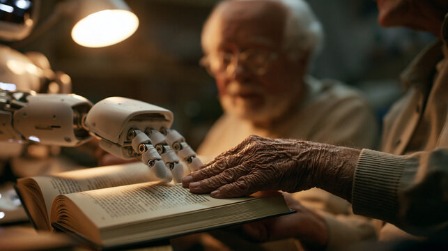 Robot Hand Assisting Senior Citizen Reading Book at Home