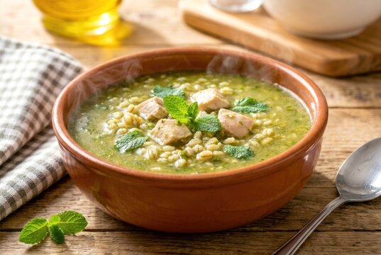 Hot Steaming Bowl of Libyan Sharba Libiya Green Barley Soup with Chicken and Mint on Wood