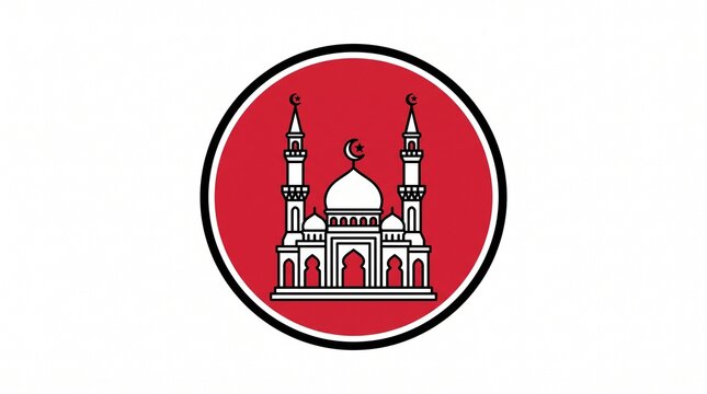 Mosque icon in a red circle. Islamic architecture symbol for religious design.