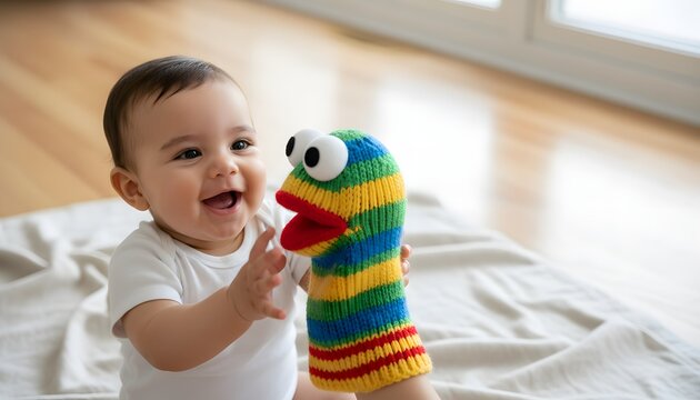 Cute happy baby playing with a colorful knitted sock puppet on a floor blanket at home, showcasing joy and sensory engagement for early child development concept