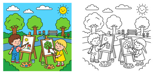 Fototapeta premium Cute kids painting on easels in park vector illustration set with colorful page and black and white line art coloring book page for children activity
