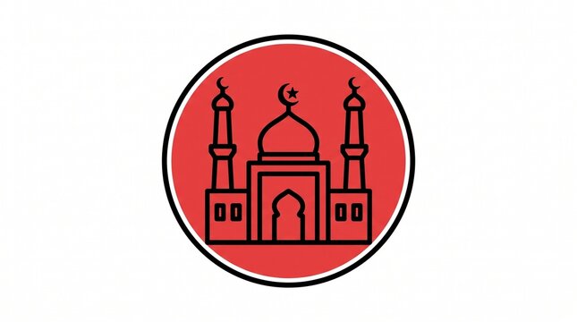 Islamic mosque icon on red circular badge. Minaret and dome vector illustration for Ramadan or Eid celebration.