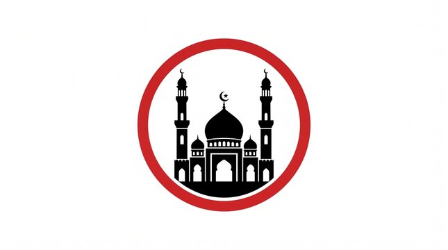 Mosque icon inside a red circle. Islamic architecture symbol for religious design projects.