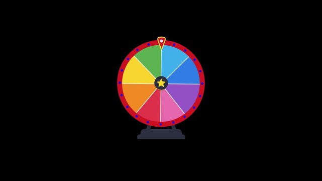 A colorful vector animation of a spinning prize wheel (Wheel of Fortune) isolated on a black background.