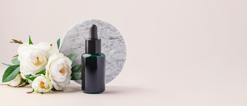 Green essential oil dropper bottle with  marble podium and white roses decoration on beige background















, natural skincare, wellness, and aromatherapy