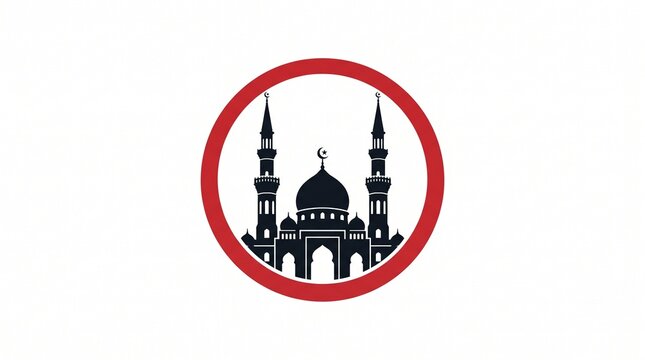 Mosque icon inside a red circle. Islamic architecture symbol for religious design.