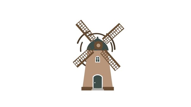 A clean vector animation of a traditional brown wooden windmill with spinning blades isolated on a white background.