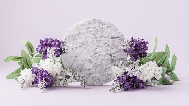 Empty round marble podium with purple flowers on pastel purple background for product display, cosmetic, perfume, jewelry, or skincare product mockups and presentations