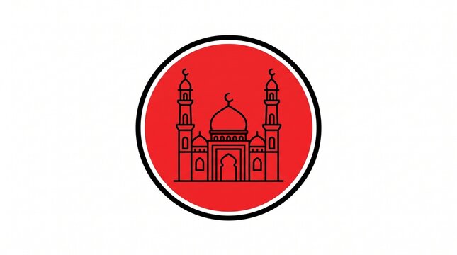 Mosque icon in a red circle. Islamic architecture symbol for religious design projects.