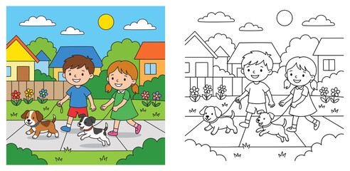Fototapeta premium Children Walking Dogs Vector Illustration with Matching Coloring Page Outline Boy Girl Pets Outdoor Neighborhood Activity Cartoon (137 characters)
