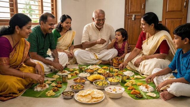 Onam sadya family feast in kerala home, harvest festival meal on banana leaves, traditional attire, rice curries sweets pappadam payasam, elders children sharing, pookalam festive culture