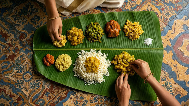 Onam sadya feast on banana leaf, kerala harvest festival with rice curries pickles, hands serving traditional dishes, pookalam floor decor, mahabali legend, vallam kali cultural gathering