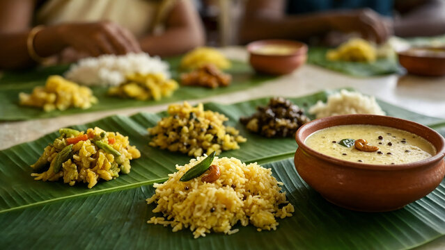 Onam sadya on banana leaves, kerala harvest festival meal with rice, curries, payasam in clay bowl, shared meal, pookalam floral carpet, vallam kali snake boat race, pulikali tiger dance