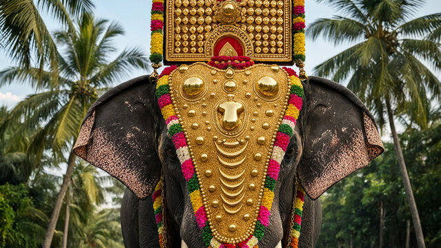 Decorated temple elephant with golden nettipattam, floral garlands in kerala palm grove, onam festival harvest celebration, pookalam tradition, onam sadya feast, mahabali legend, vallam kali