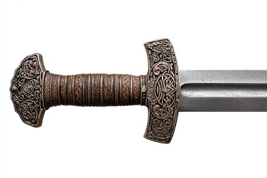 A historical Viking sword with an intricately decorated hilt, showcasing detailed knotwork and metal craftsmanship, lies ready for battle.