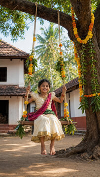Onam holiday swing decorated with marigold garlands beneath village tree, smiling girl in kerala attire, harvest festival courtyard, floral pookalam decor, vallam kali pulikali sadya culture