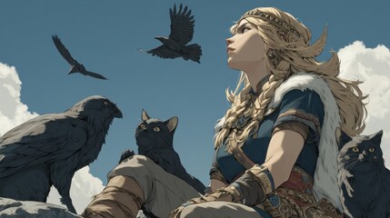 Naklejka premium Mysterious Woman Surrounded by Ravens and Cats in Enigmatic Landscape