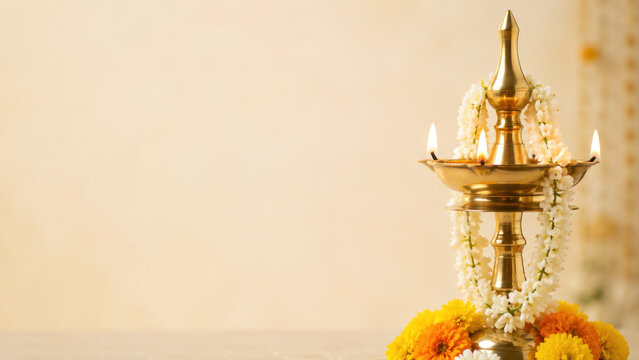 Traditional Nilavilakku Oil Lamp with Jasmine Garland for Onam Celebration, Brass Kerala Deepam Glowing beside Marigold Flowers with Copy Space
