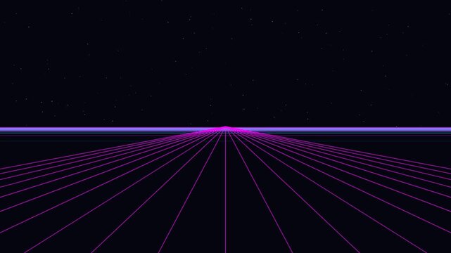 Retro neon pink grid background moving through dark space toward horizon with blue line.