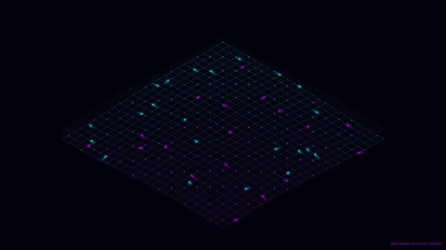 Abstract digital grid surface with glowing particles moving in dark virtual space video.