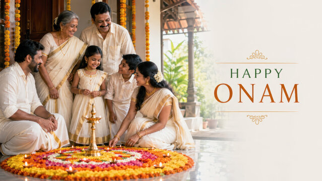 Multigenerational indian family celebrating onam at home, traditional white attire, floral pookalam with oil lamps, marigold garlands, kerala harvest festival greeting, warm festive interior