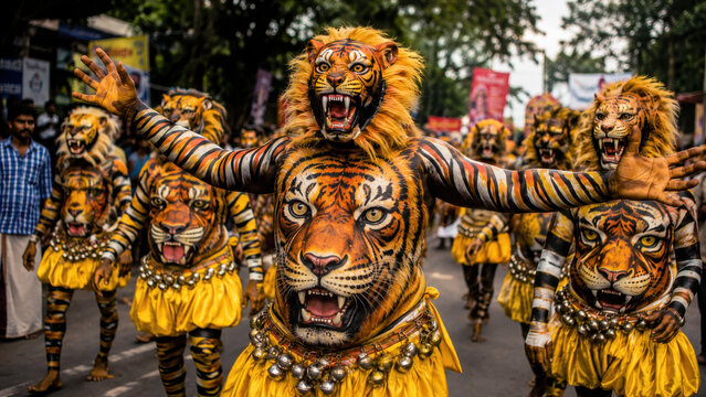 Pulikali tiger dance at onam festival in kerala, folk performers with traditional body painting, striped costumes, roaring masks, street parade, harvest celebration, indian cultural ritual