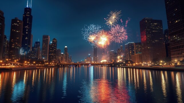 Fireworks display over a city skyline at night with river reflection