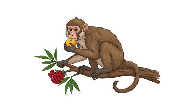 Monkey Sitting on Tree Branch Eating Orange Fruit Illustration